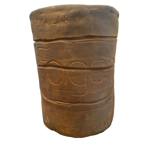 Primitive Clay Pot Pottery Folgers Can Coffee Handmade Signed 5.25" x 4" Origina - Picture 4 of 9
